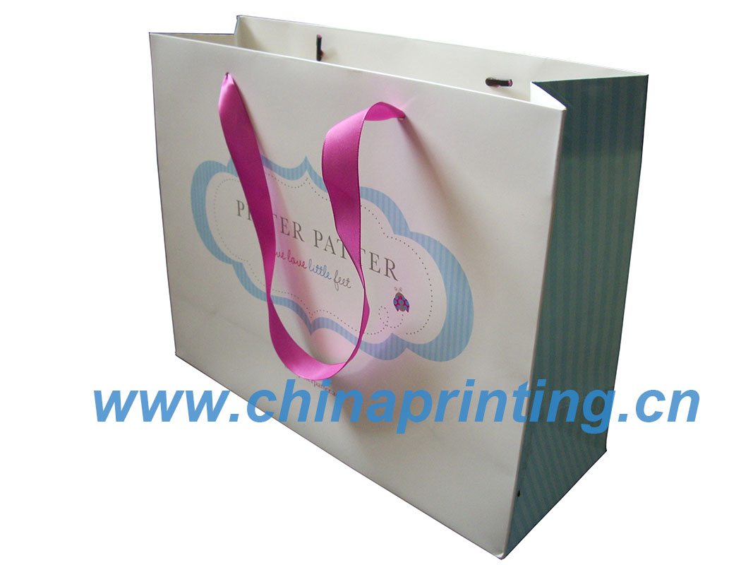 White art paper bag printing with ribbon handle SWP11-37